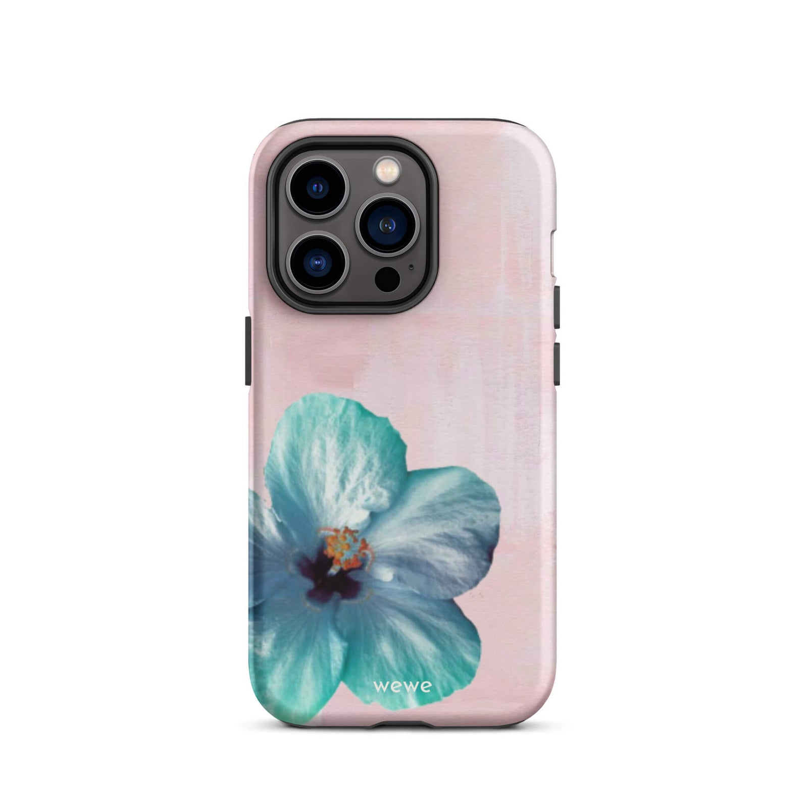 Custom iPhone case 14 pro max with a photo of a blue hibiscus flower with a green center on a soft pink painted 