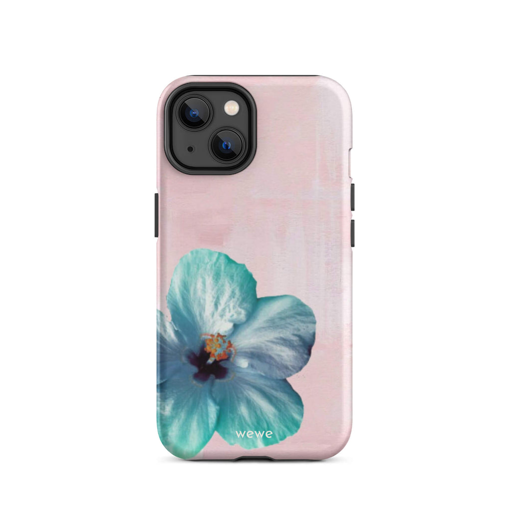 Custom iPhone case 14 with a photo of a blue hibiscus flower with a green center on a soft pink painted 