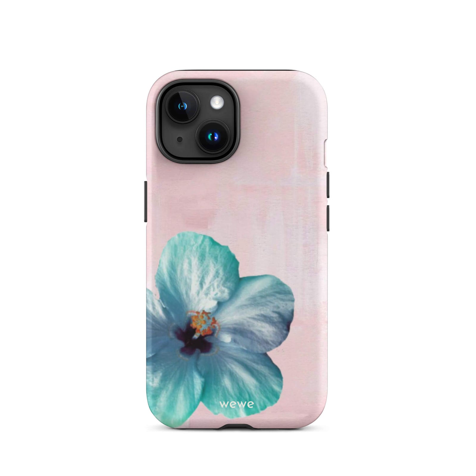 Custom iPhone case 15 with a photo of a blue hibiscus flower with a green center on a soft pink painted 