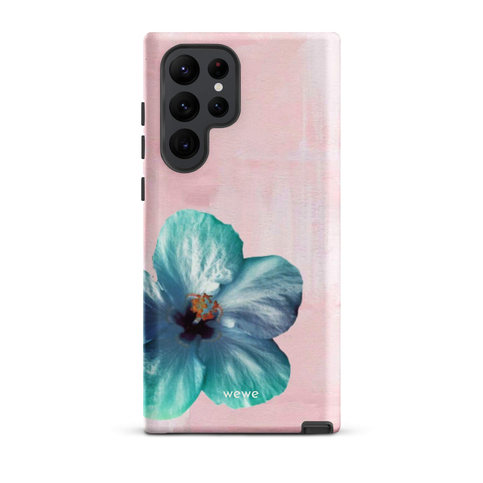 Custom samsung galaxy s22 ultra Phone case with a photo of a blue hibiscus flower with a green center on a soft pink painted 