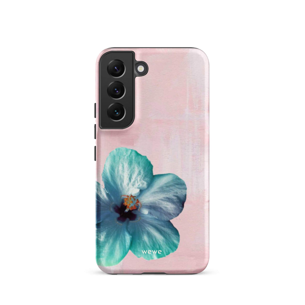 Custom samsung galaxy s22 Phone case with a photo of a blue hibiscus flower with a green center on a soft pink painted 