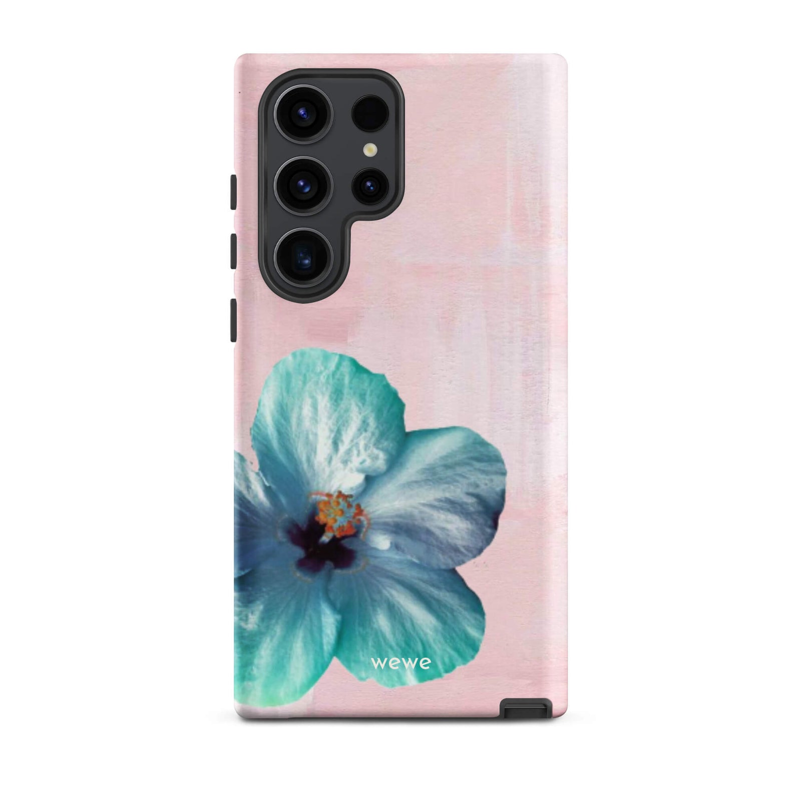 Custom samsung galaxy s23 ultra Phone case with a photo of a blue hibiscus flower with a green center on a soft pink painted 