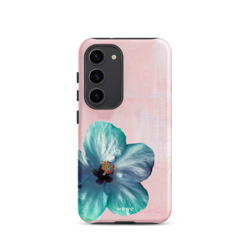 Custom samsung galaxy s23 Phone case with a photo of a blue hibiscus flower with a green center on a soft pink painted 