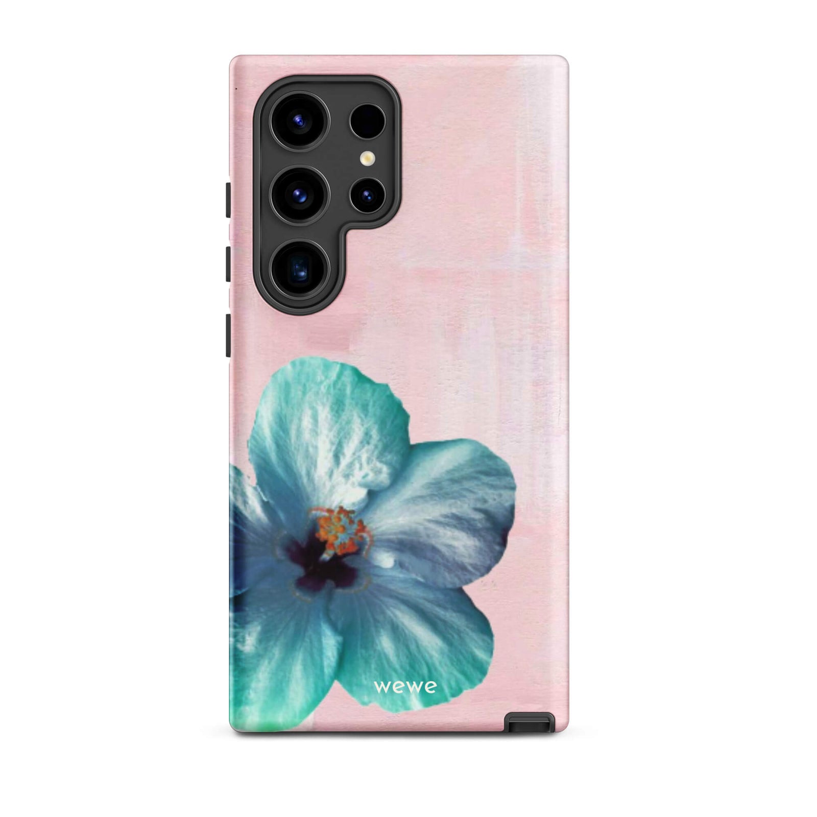 Custom samsung galaxy s24 ultra Phone case with a photo of a blue hibiscus flower with a green center on a soft pink painted 