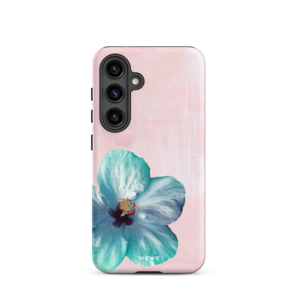 Custom samsung galaxy s24 Phone case with a photo of a blue hibiscus flower with a green center on a soft pink painted 
