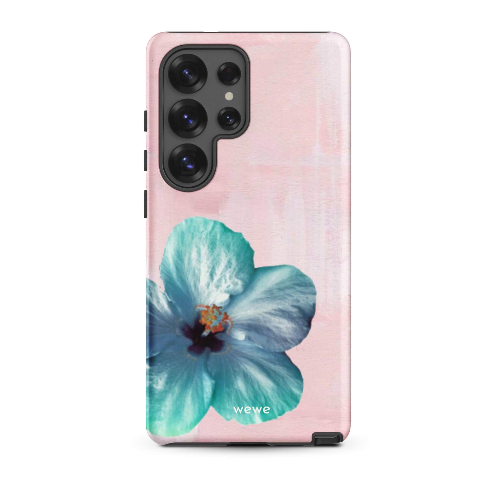 Custom samsung galaxy s25 ultra Phone case with a photo of a blue hibiscus flower with a green center on a soft pink painted 