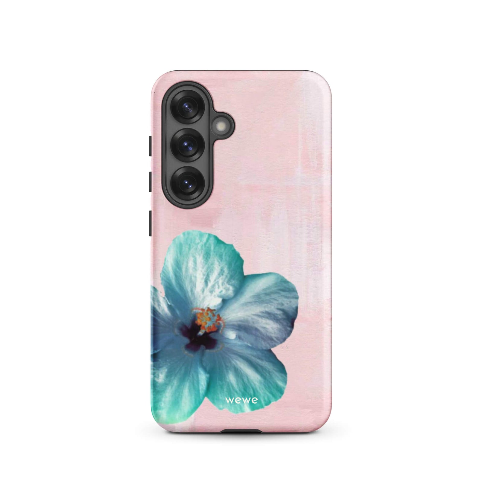 Custom samsung galaxy s25 Phone case with a photo of a blue hibiscus flower with a green center on a soft pink painted 