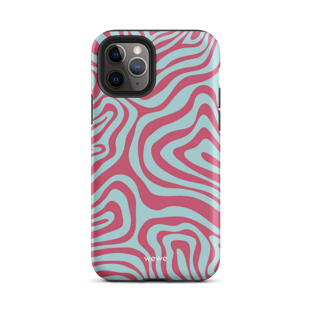 Custom iPhone case 11 pro with a blue and pink wavy, abstract pattern.