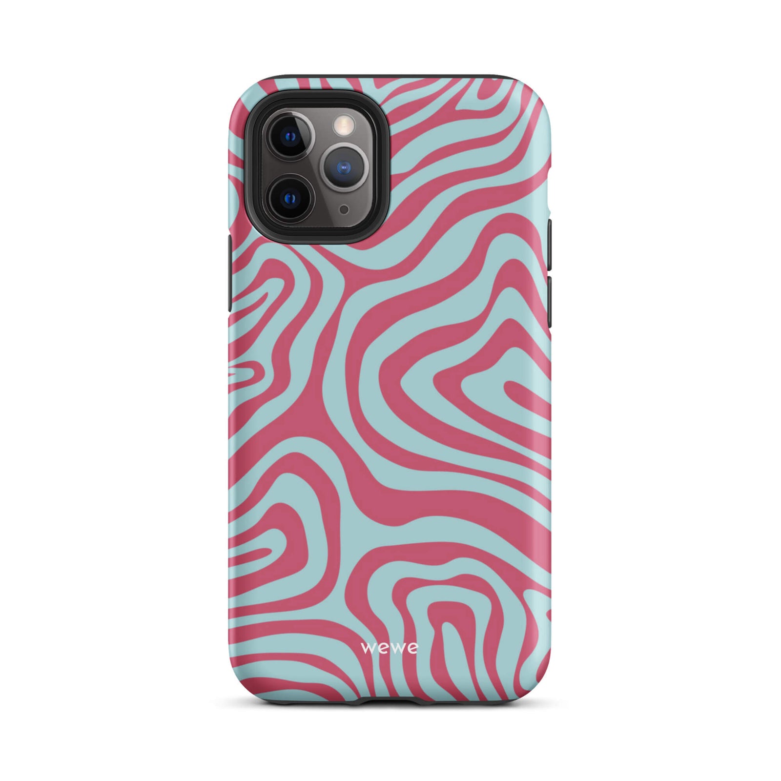 Custom iPhone case 11 pro with a blue and pink wavy, abstract pattern.