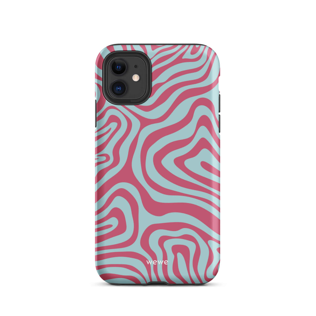 Custom iPhone case 11 with a blue and pink wavy, abstract pattern.