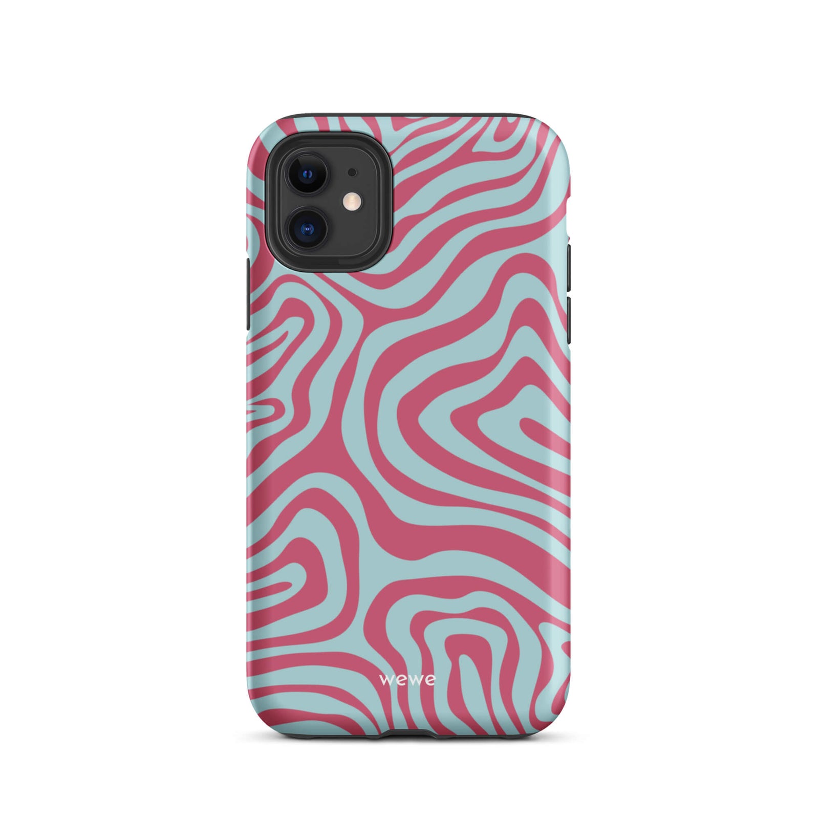 Custom iPhone case 11 with a blue and pink wavy, abstract pattern.