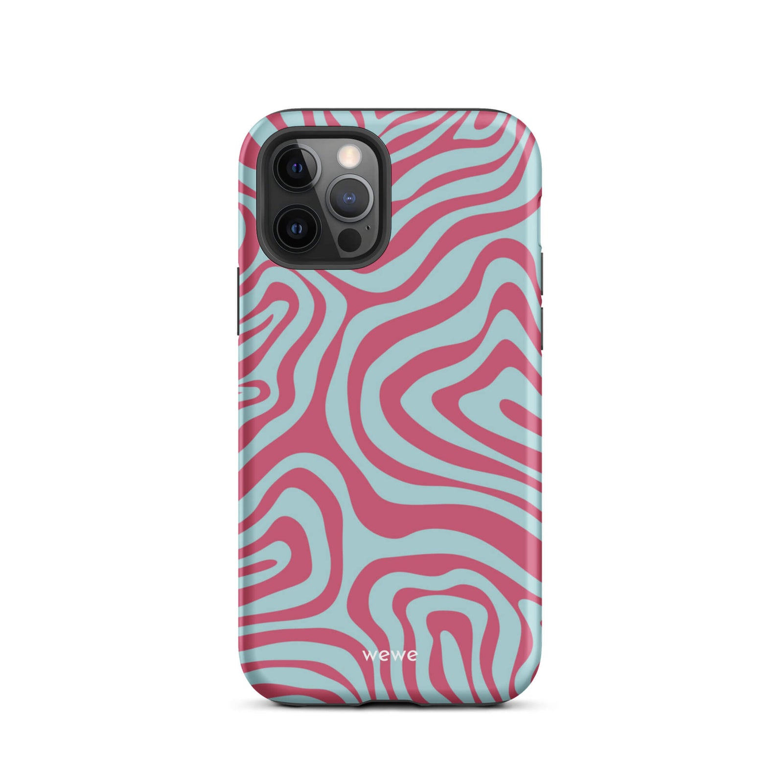 Custom iPhone case 12 pro with a blue and pink wavy, abstract pattern.
