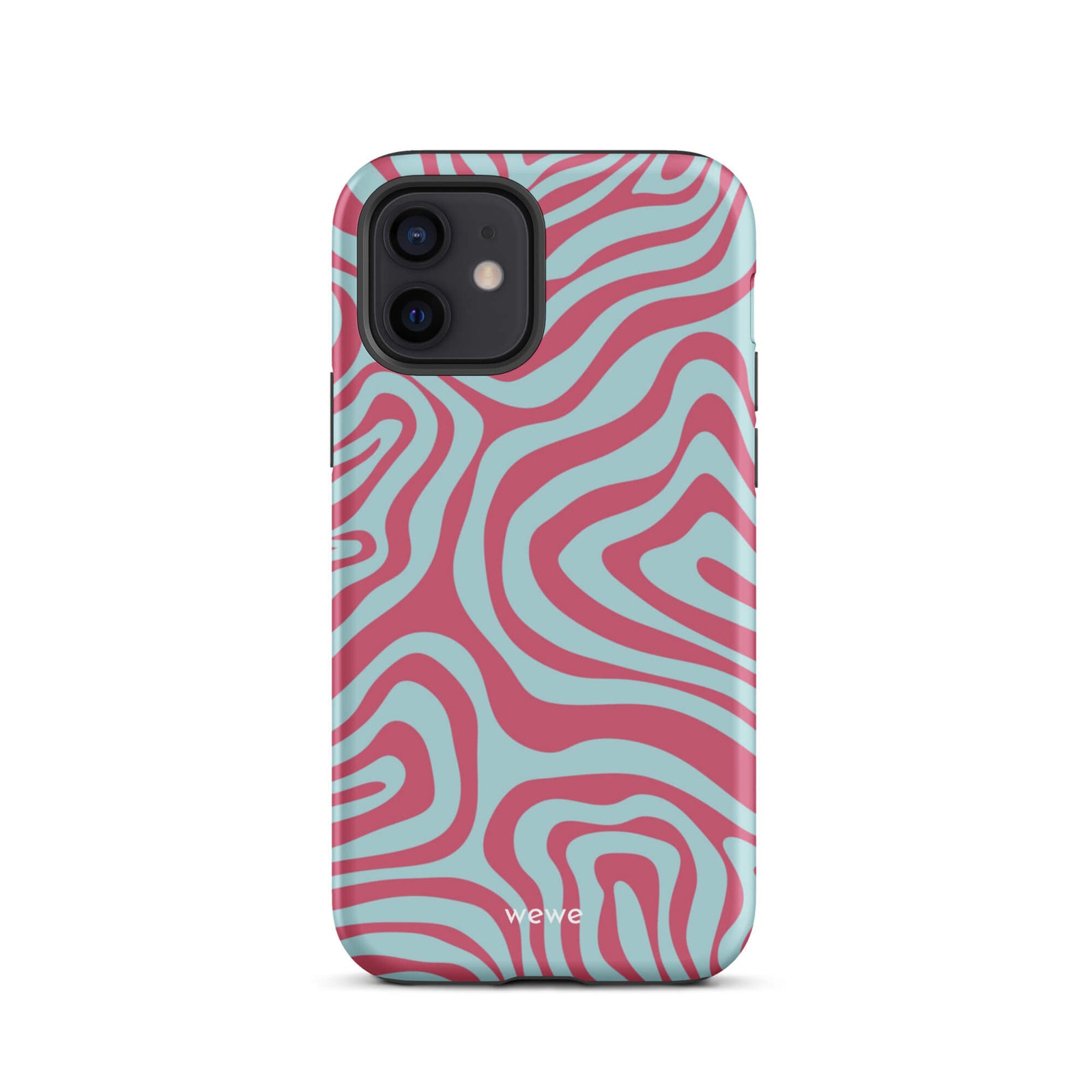 Custom iPhone case 12 with a blue and pink wavy, abstract pattern.