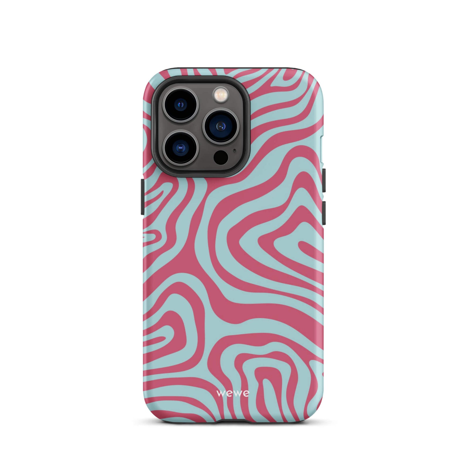 Custom iPhone case 13 pro with a blue and pink wavy, abstract pattern.