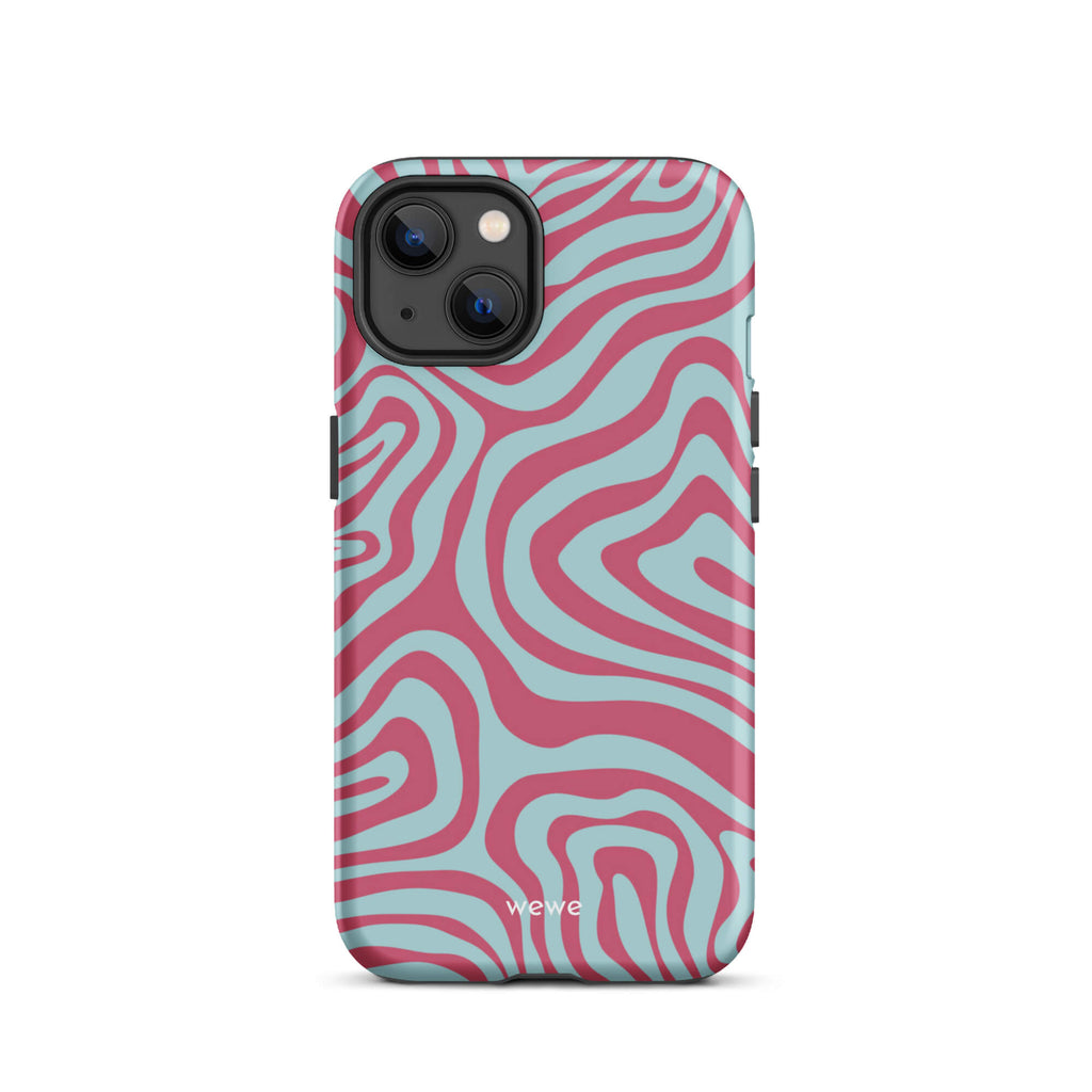 Custom iPhone case 13 with a blue and pink wavy, abstract pattern.