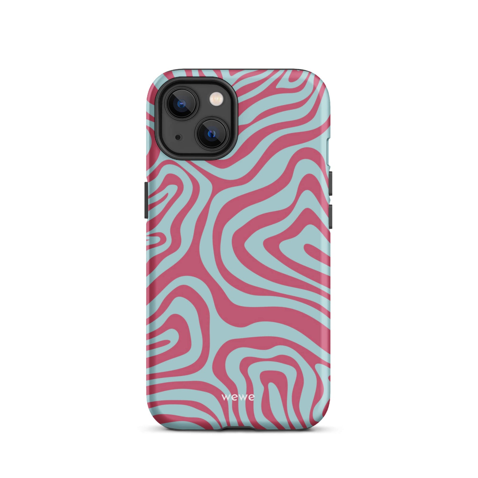 Custom iPhone case 13 with a blue and pink wavy, abstract pattern.