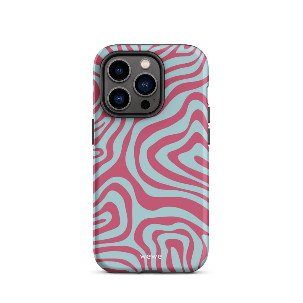 Custom iPhone case 14 pro with a blue and pink wavy, abstract pattern.