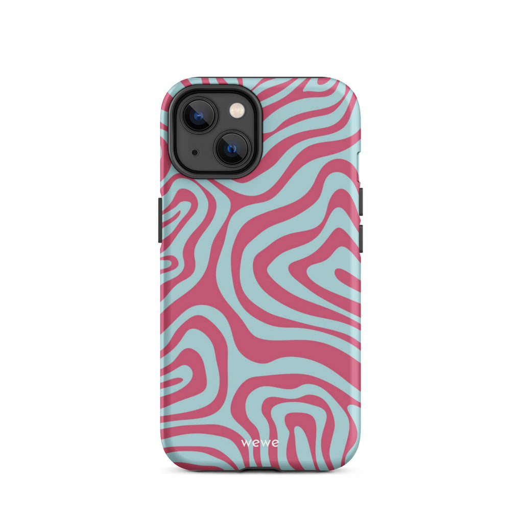 Custom iPhone case 14 with a blue and pink wavy, abstract pattern.