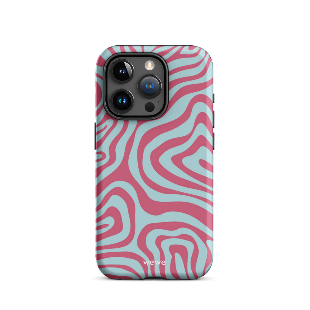 Custom iPhone case 15 pro with a blue and pink wavy, abstract pattern.
