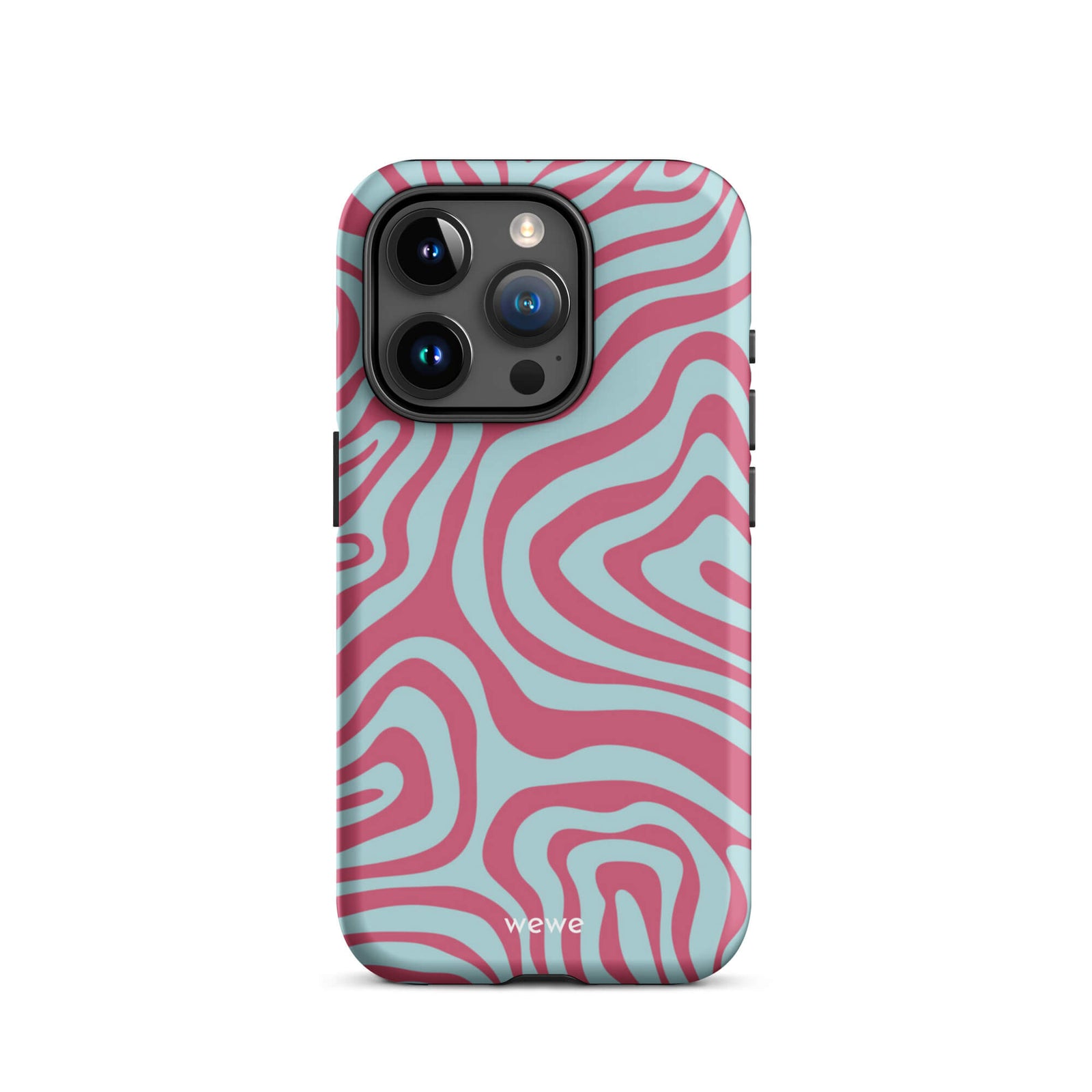 Custom iPhone case 15 pro with a blue and pink wavy, abstract pattern.