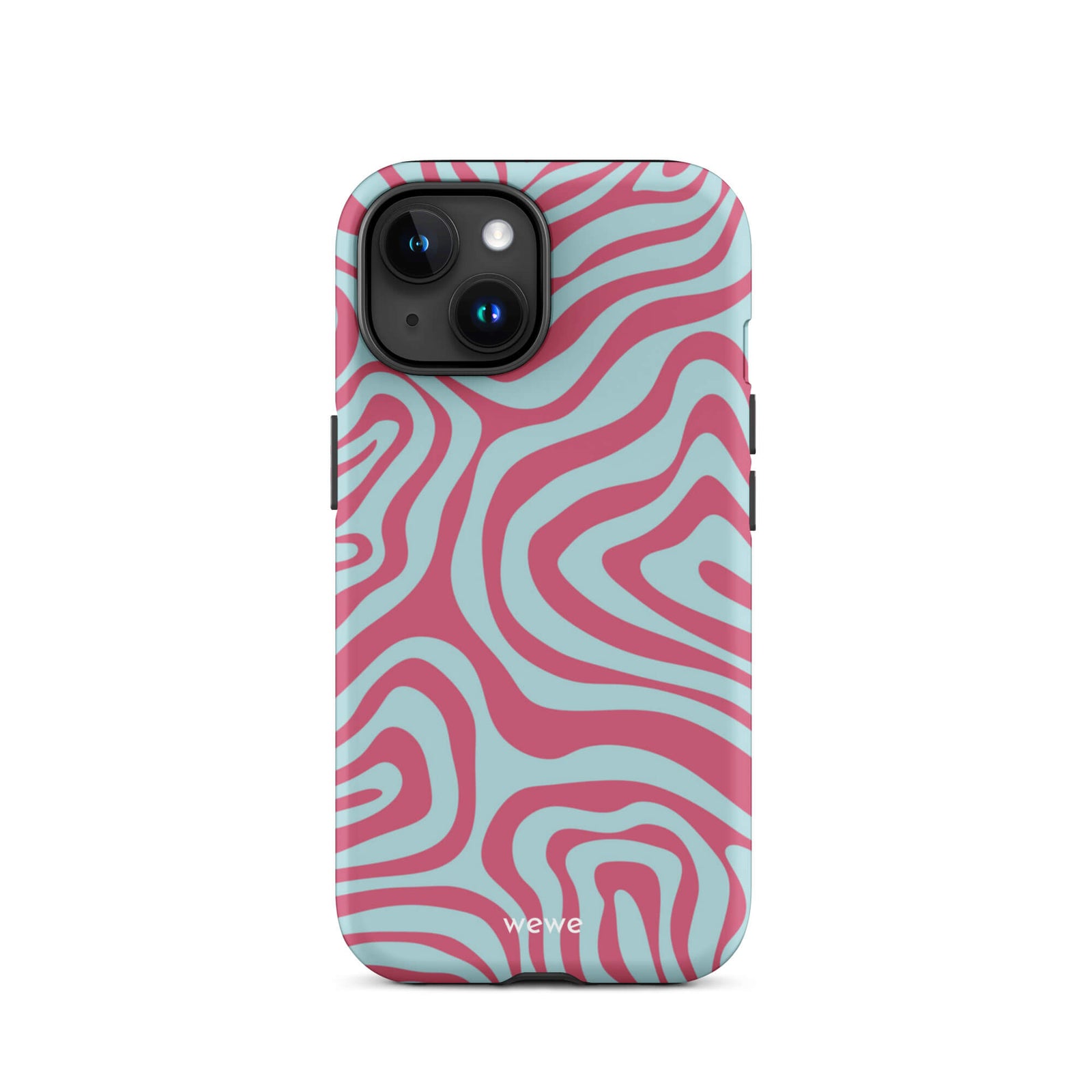 Custom iPhone case 15 with a blue and pink wavy, abstract pattern.