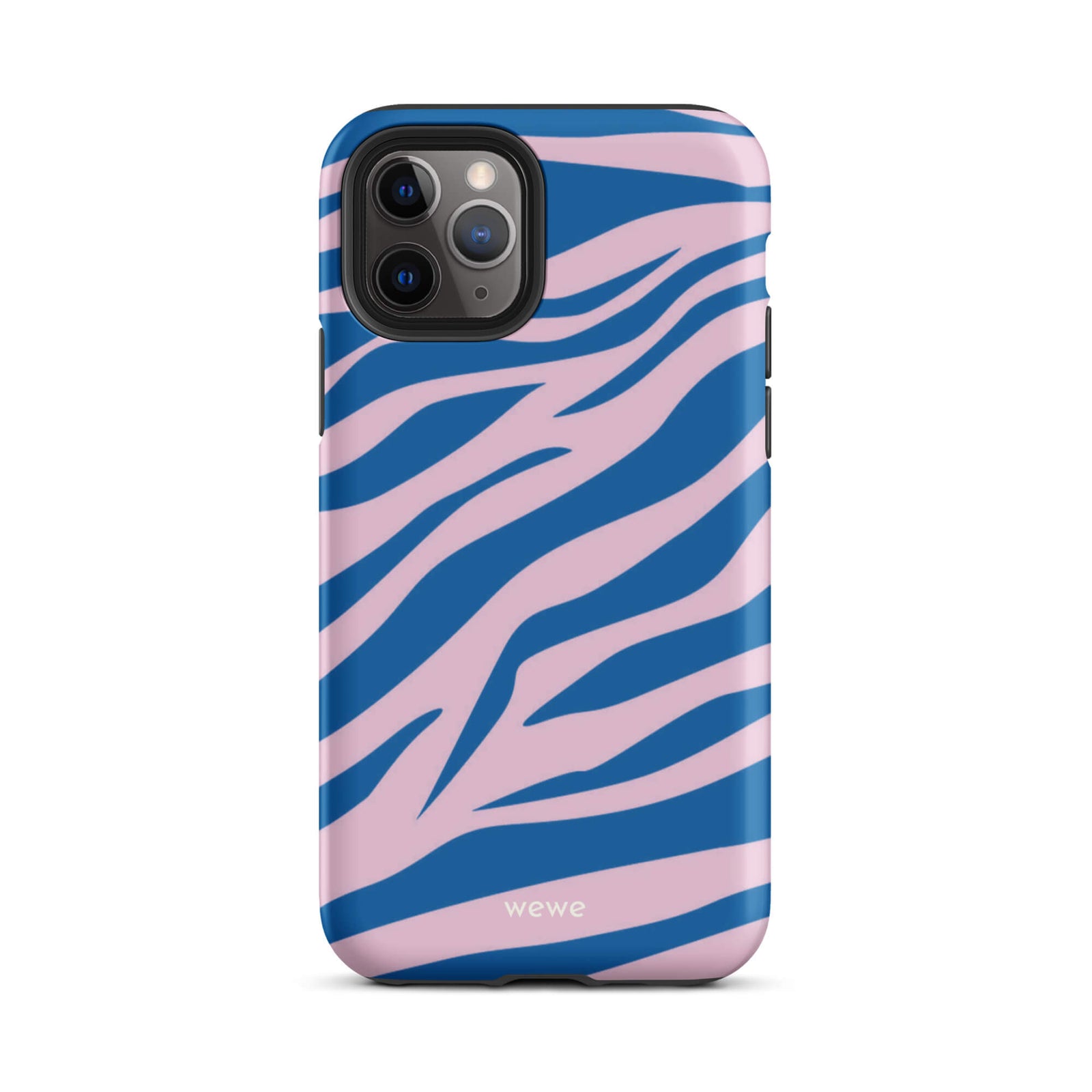 Custom iPhone case 11 pro with a  bold and graphic blue and pink zebra pattern.