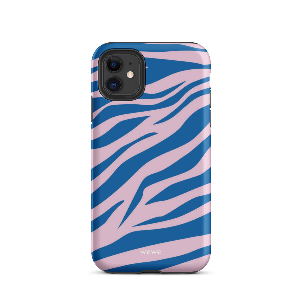 Custom iPhone case 11 with a  bold and graphic blue and pink zebra pattern.