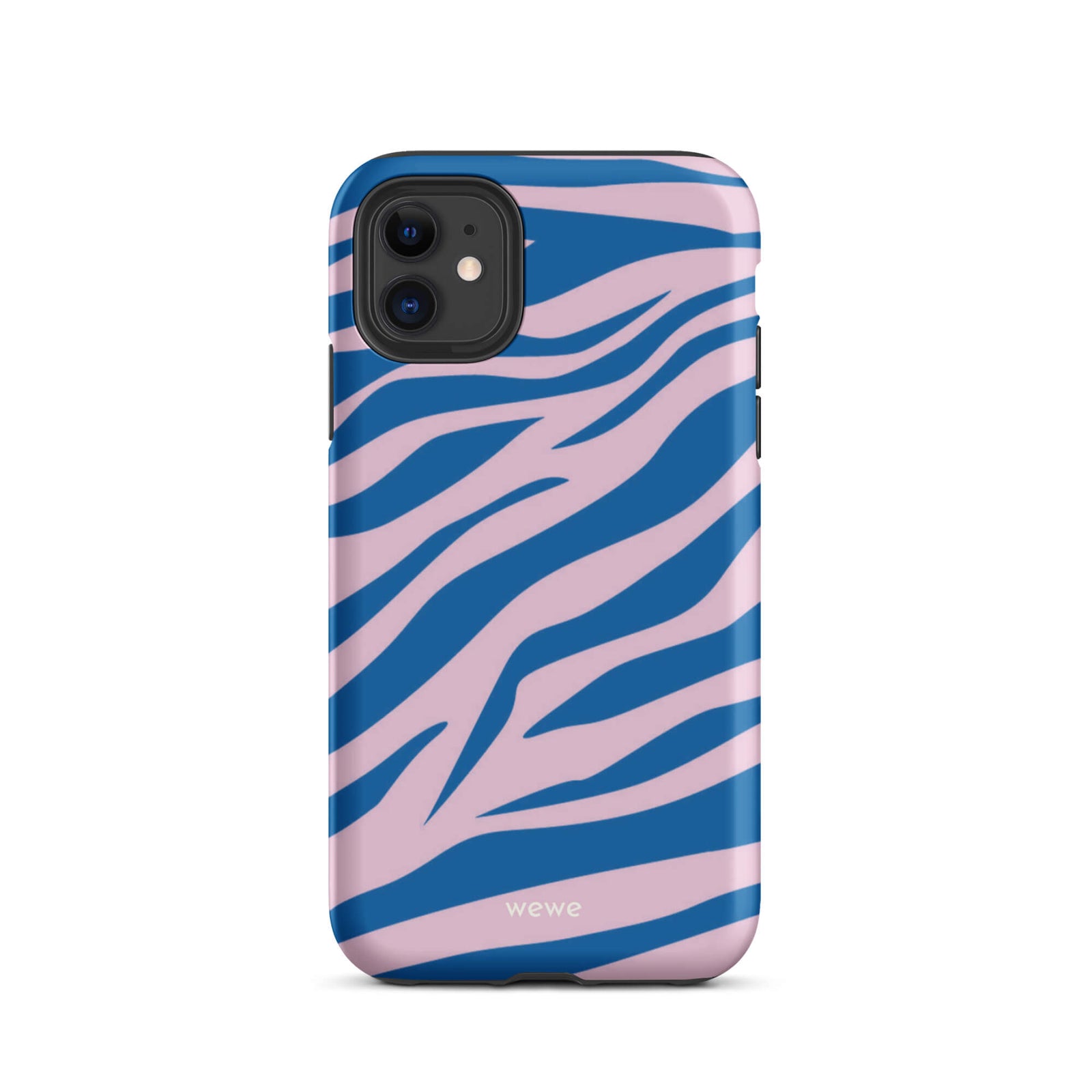 Custom iPhone case 11 with a  bold and graphic blue and pink zebra pattern.