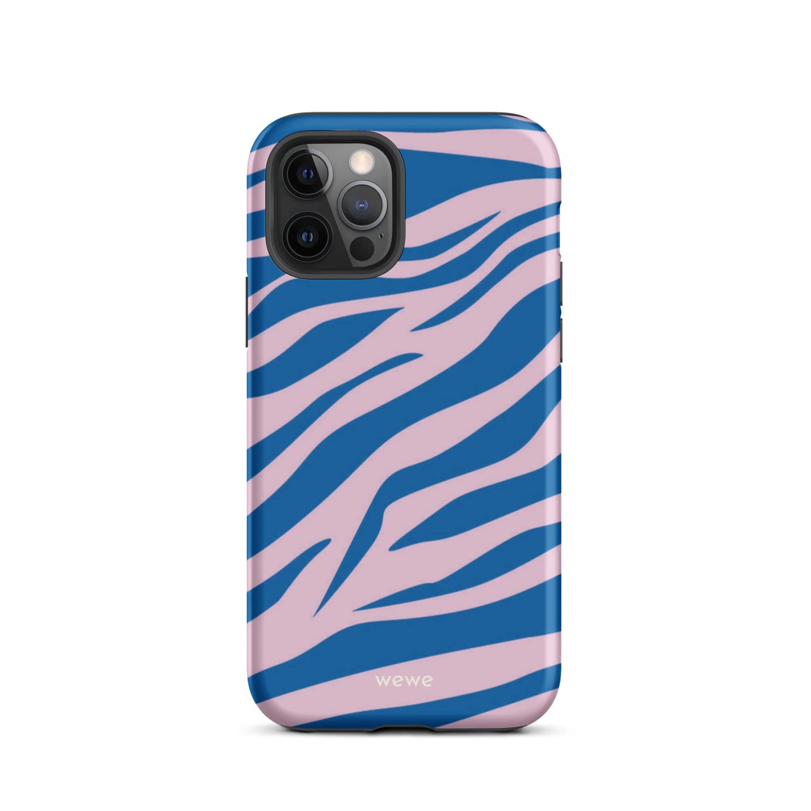 Custom iPhone case 12 pro with a  bold and graphic blue and pink zebra pattern.