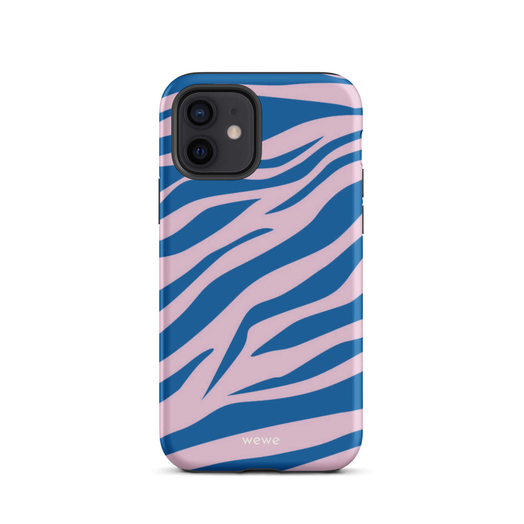 Custom iPhone case 12 with a  bold and graphic blue and pink zebra pattern.