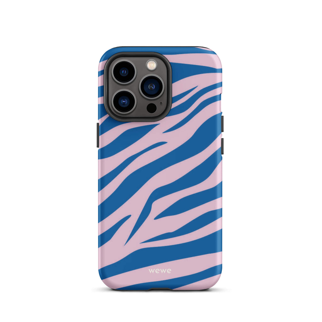 Custom iPhone case 13 pro with a  bold and graphic blue and pink zebra pattern.