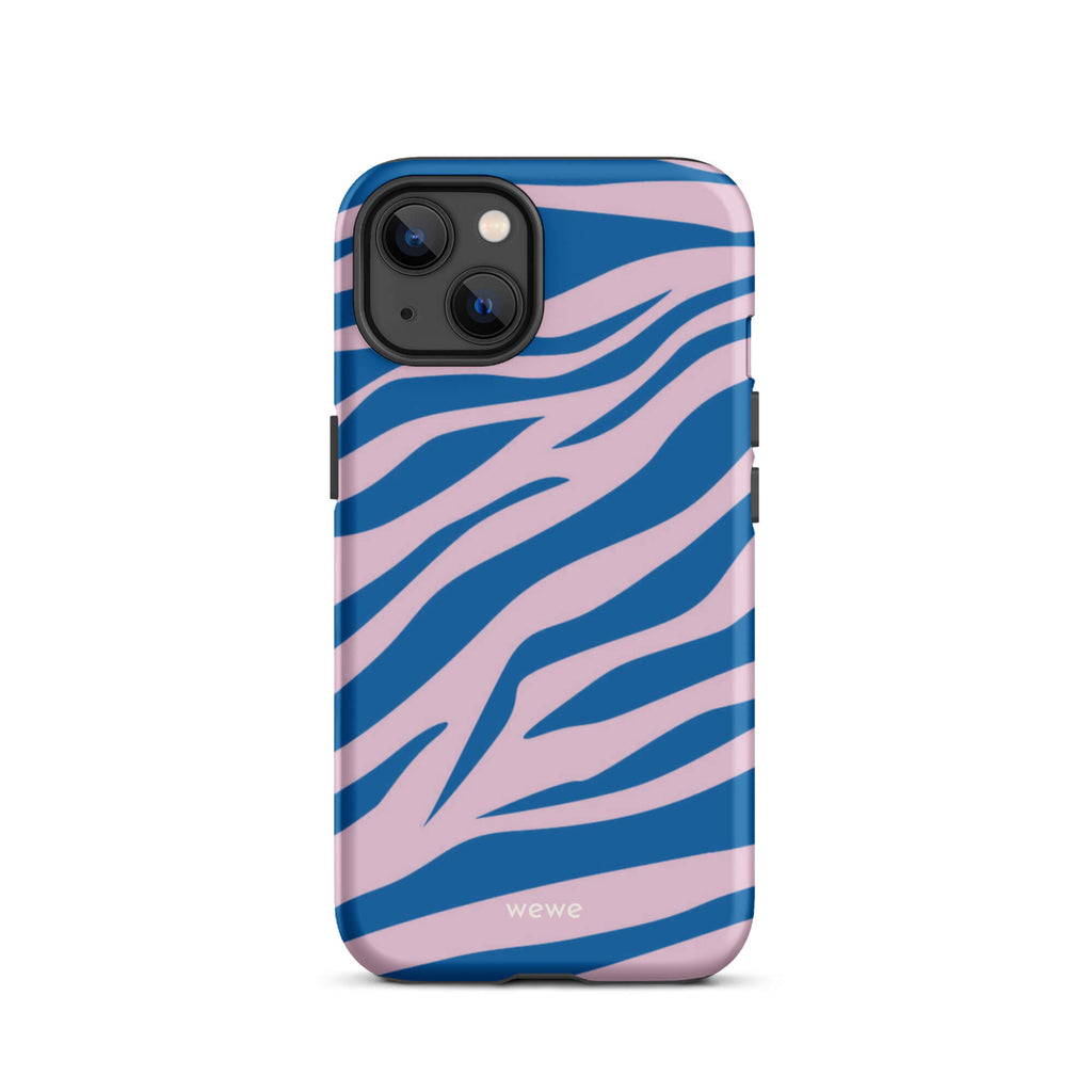 Custom iPhone case 13 with a  bold and graphic blue and pink zebra pattern.
