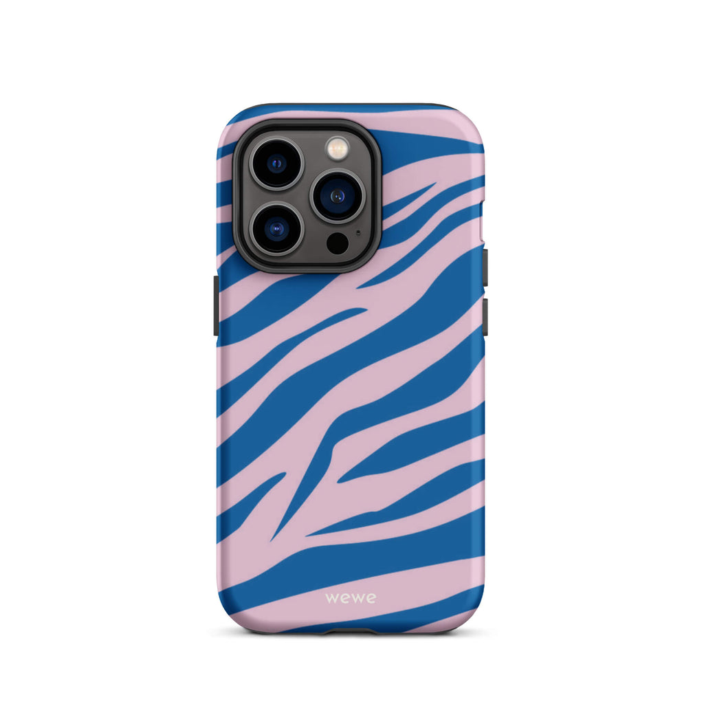 Custom iPhone case 14 pro with a  bold and graphic blue and pink zebra pattern.