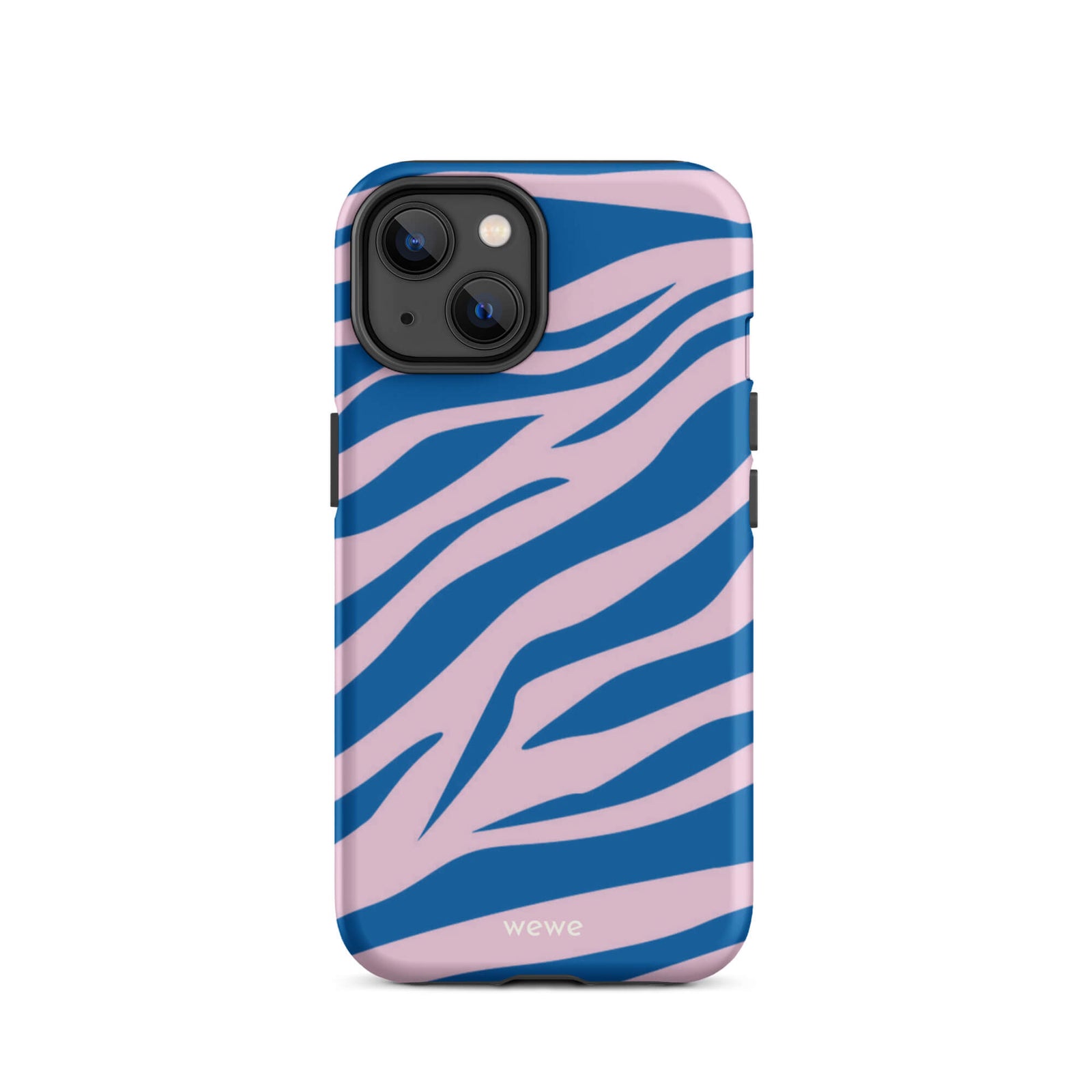 Custom iPhone case 14 with a  bold and graphic blue and pink zebra pattern.