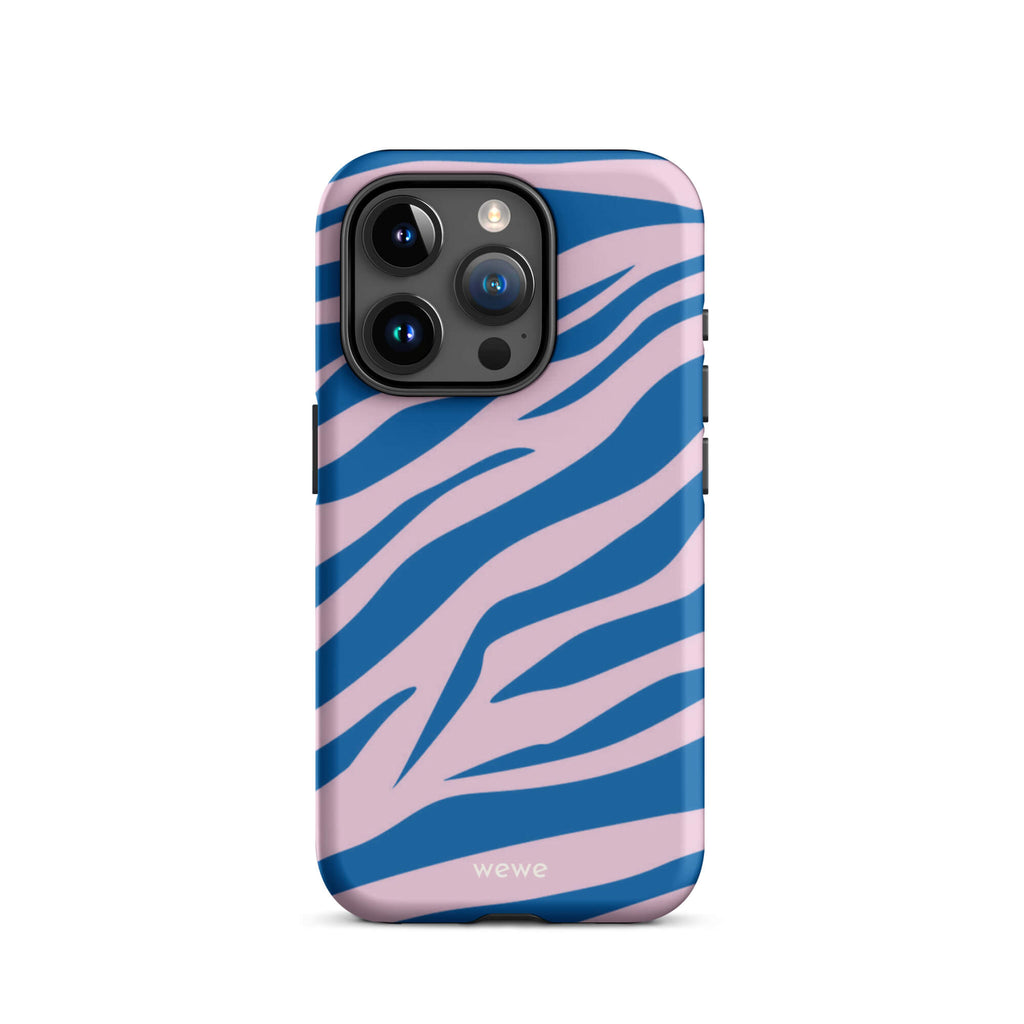 Custom iPhone case 15 pro with a  bold and graphic blue and pink zebra pattern.