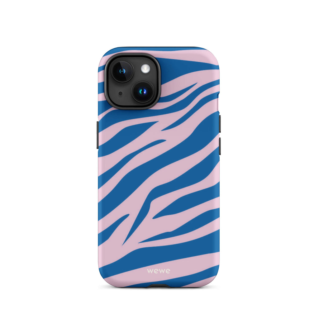 Custom iPhone case 15 with a  bold and graphic blue and pink zebra pattern.