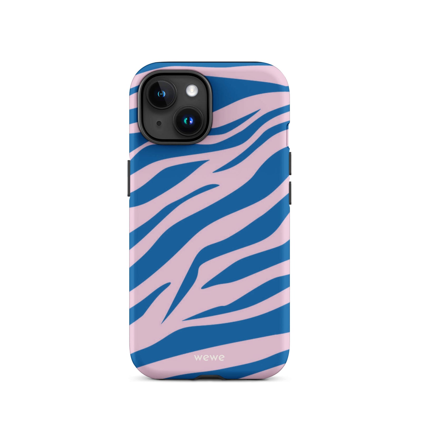 Custom iPhone case 15 with a  bold and graphic blue and pink zebra pattern.