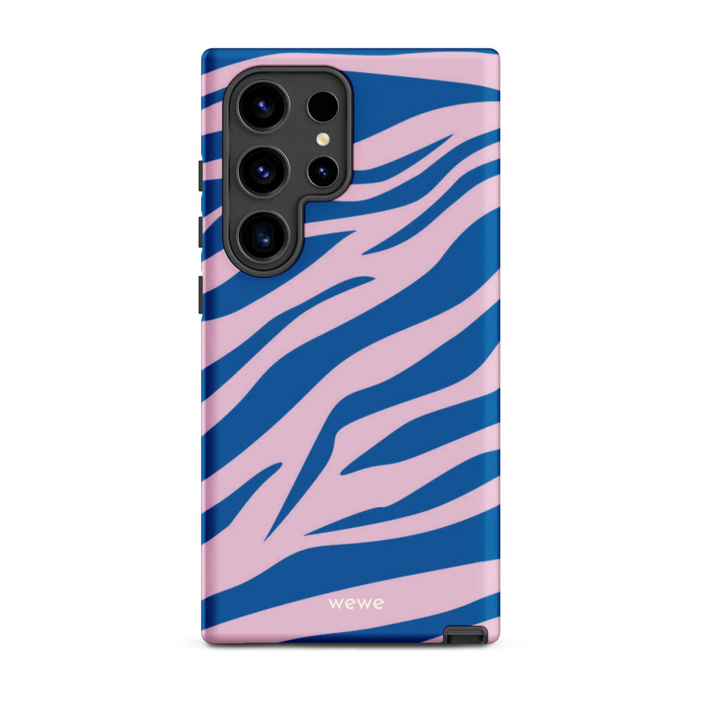 Custom samsung galaxy s24 ultra  Phone case with a  bold and graphic blue and pink zebra pattern.