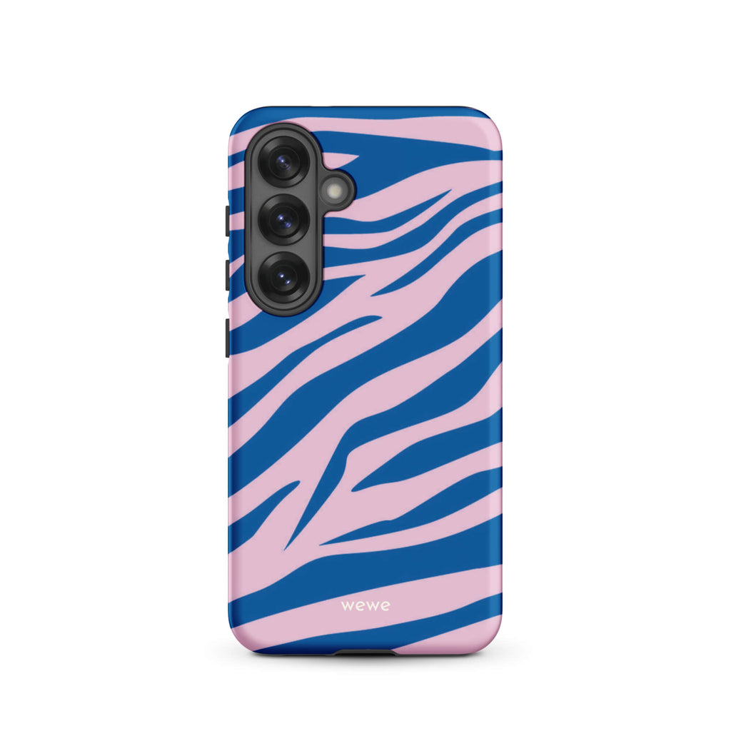 Custom samsung galaxy s25 Phone case with a  bold and graphic blue and pink zebra pattern.