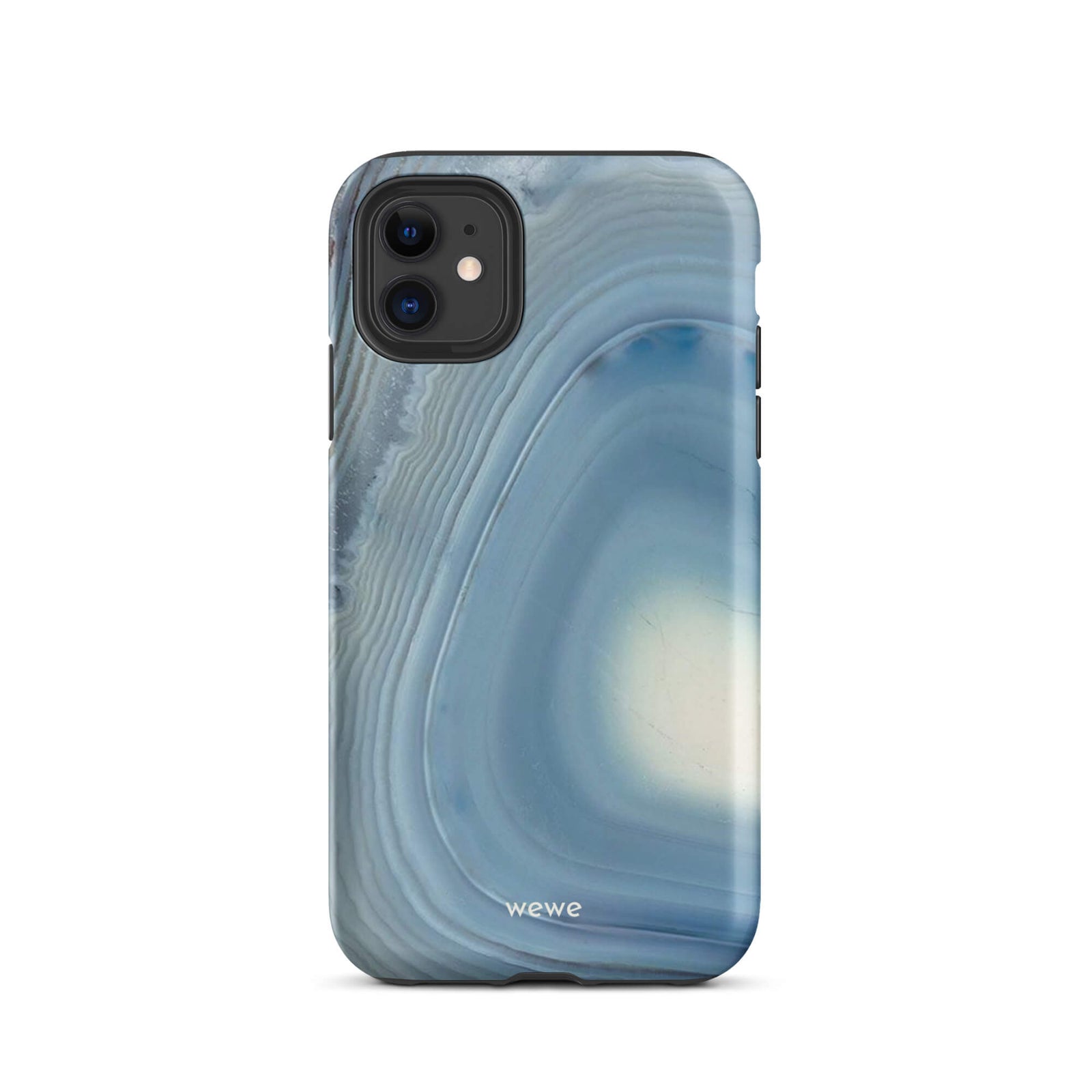 Custom iPhone case 11 with a  close-up image of a blue and white geode or agate slice with swirling patterns.