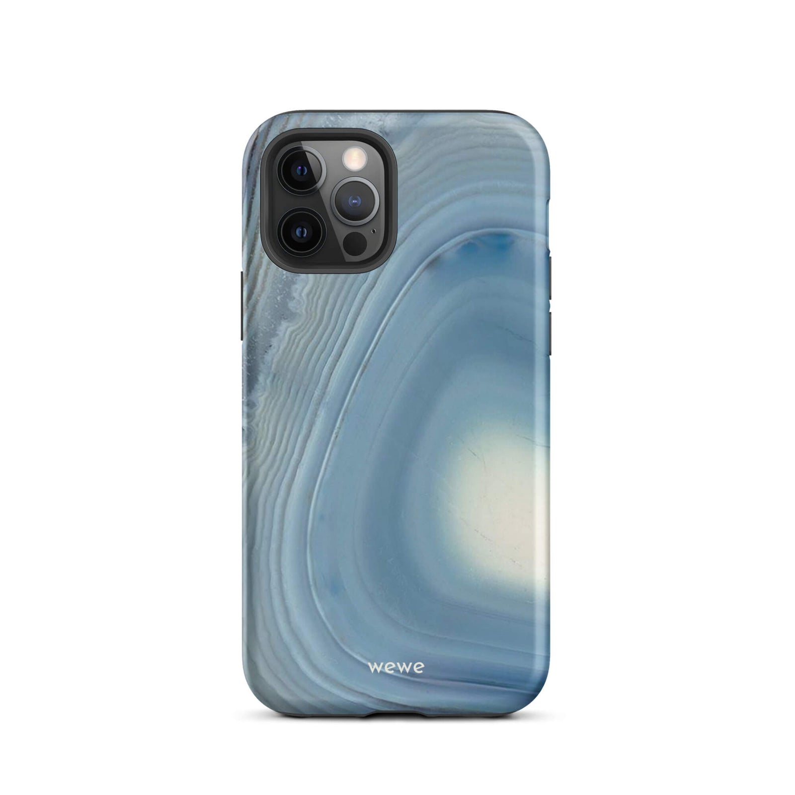 Custom iPhone case 12 pro with a  close-up image of a blue and white geode or agate slice with swirling patterns.
