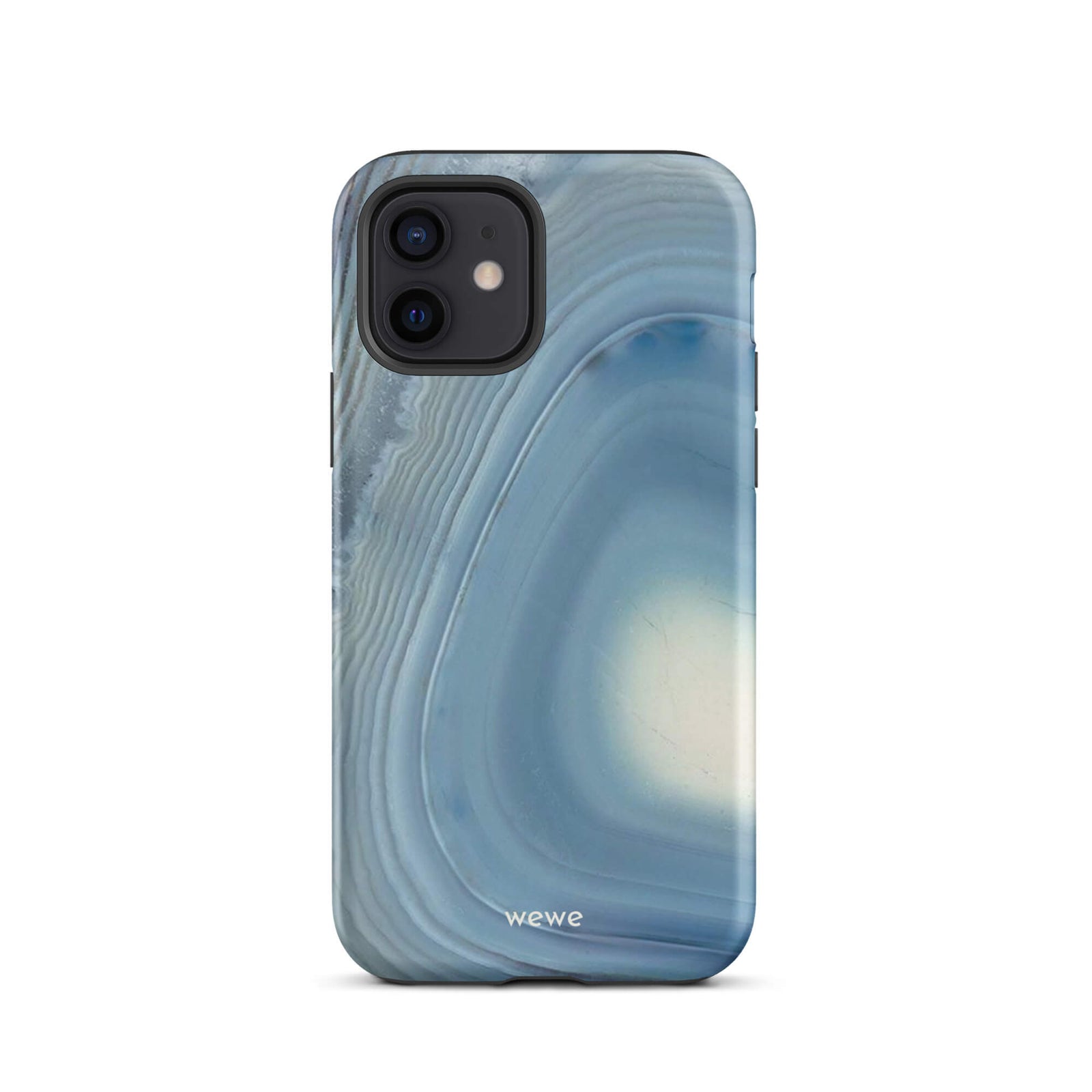 Custom iPhone case 12 with a  close-up image of a blue and white geode or agate slice with swirling patterns.