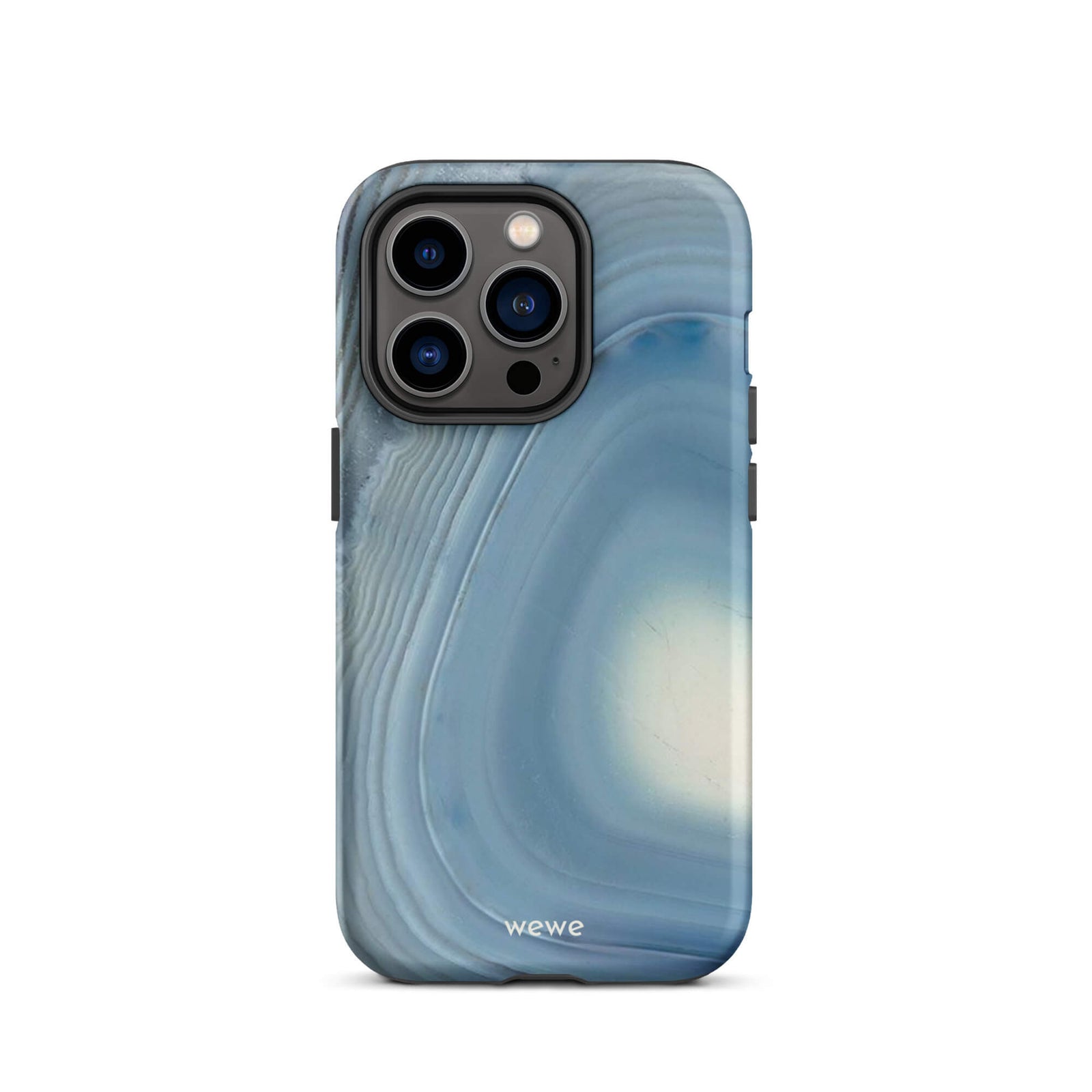 Custom iPhone case 14 pro with a  close-up image of a blue and white geode or agate slice with swirling patterns.