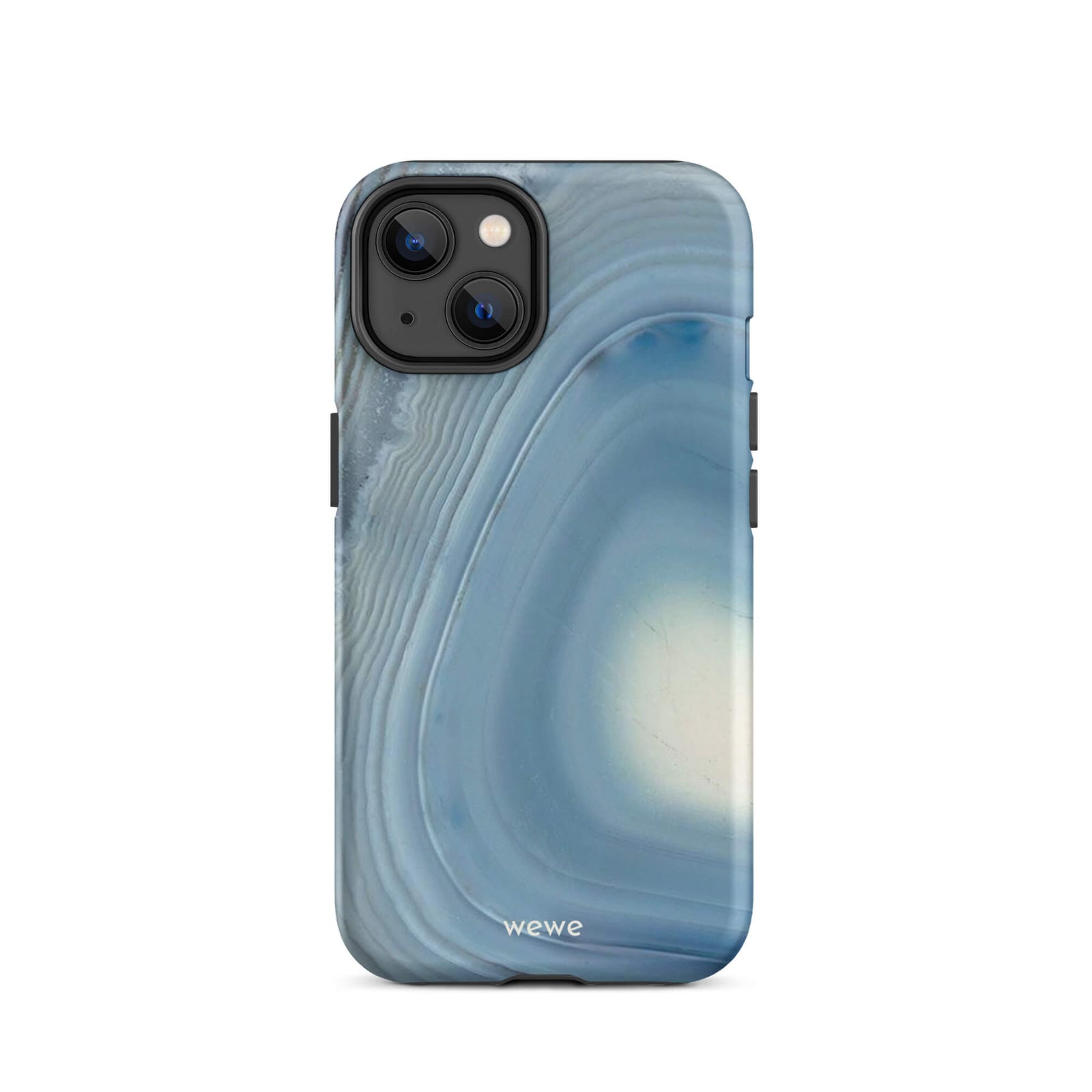 Custom iPhone case 14 with a  close-up image of a blue and white geode or agate slice with swirling patterns.