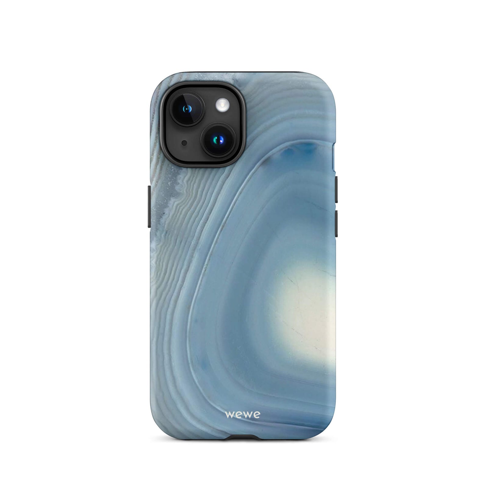Custom iPhone case 15 with a  close-up image of a blue and white geode or agate slice with swirling patterns.