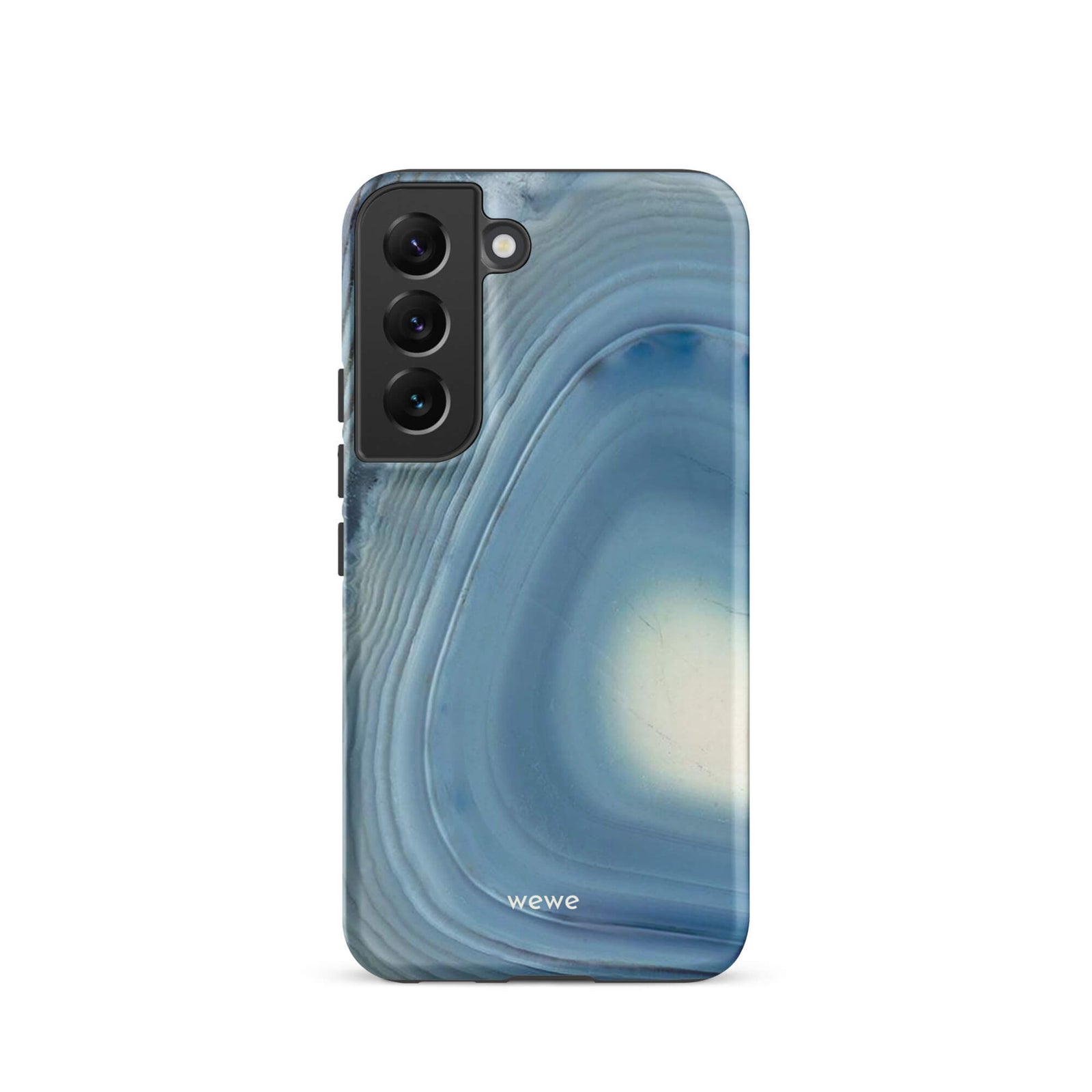 Custom samsung galaxy s22 Phone case with a  close-up image of a blue and white geode or agate slice with swirling patterns.
