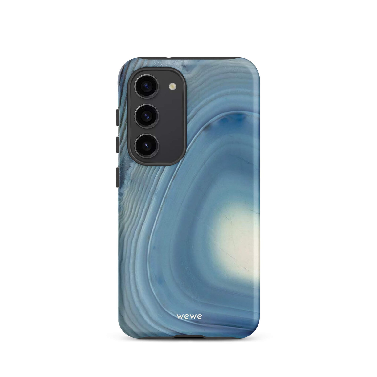 Custom samsung galaxy s23 Phone case with a  close-up image of a blue and white geode or agate slice with swirling patterns.