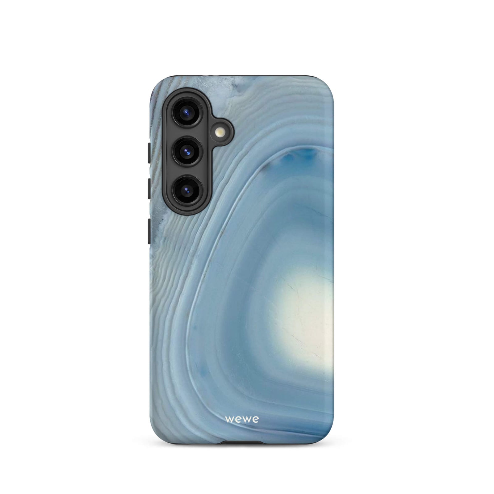 Custom samsung galaxy s24 Phone case with a  close-up image of a blue and white geode or agate slice with swirling patterns.