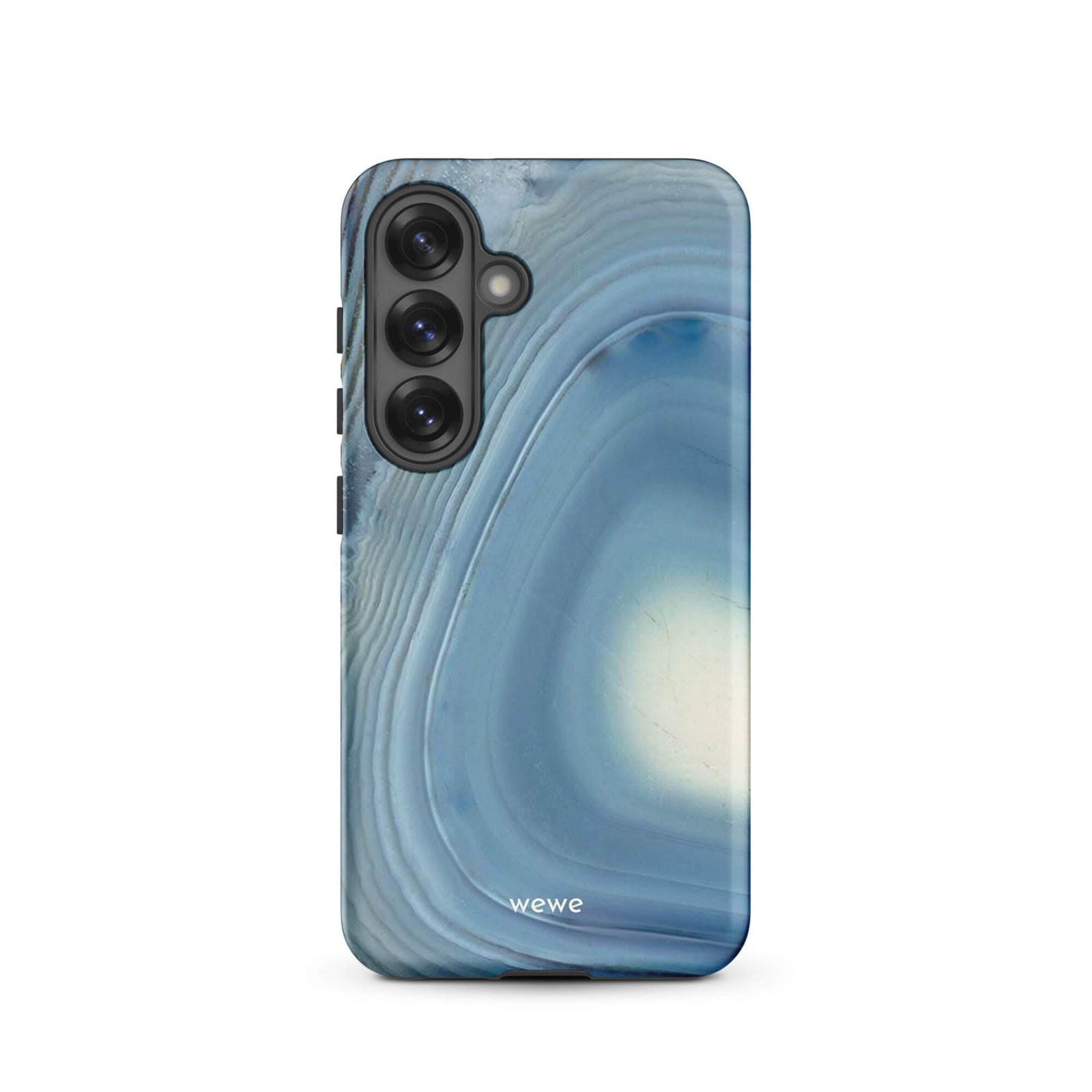 Custom samsung galaxy s25 Phone case with a  close-up image of a blue and white geode or agate slice with swirling patterns.