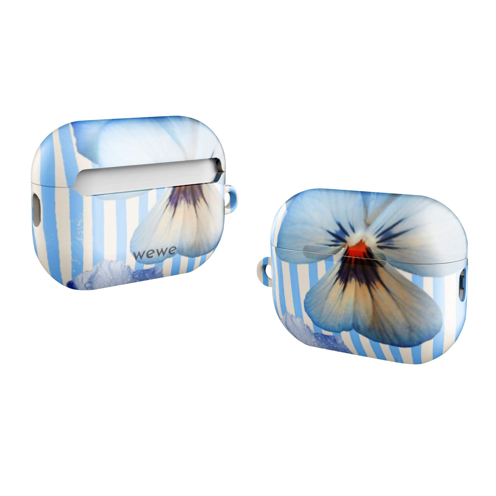 Custom AirPods case pro gen2 with a photo of a blue hibiscus flower with water droplets and a white pansy on a striped background.